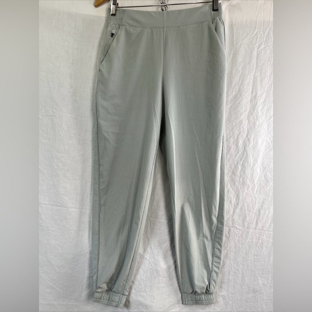 Athleta Brooklyn Textured Jogger Pants Womens 8 Green Cream Stripe Zip Pocket